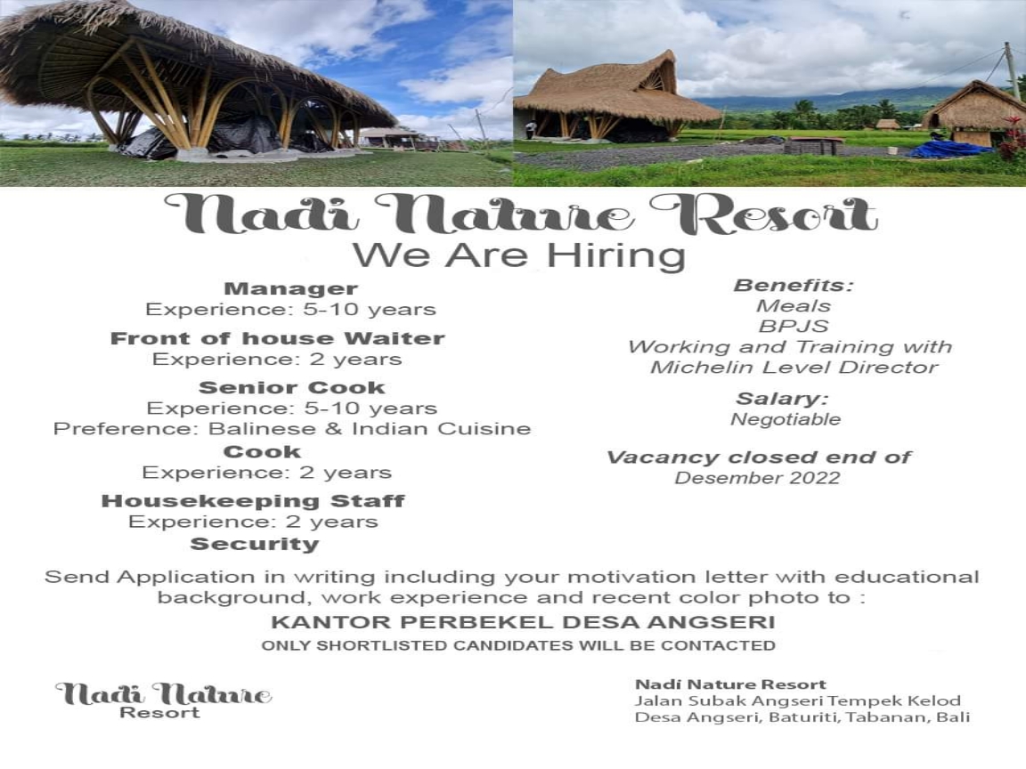 WE ARE HIRING Here are following positions open for hiring at our resort